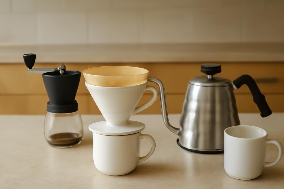 Pour-over dripper, paper filter, gooseneck kettle, and a cup on a kitchen counter